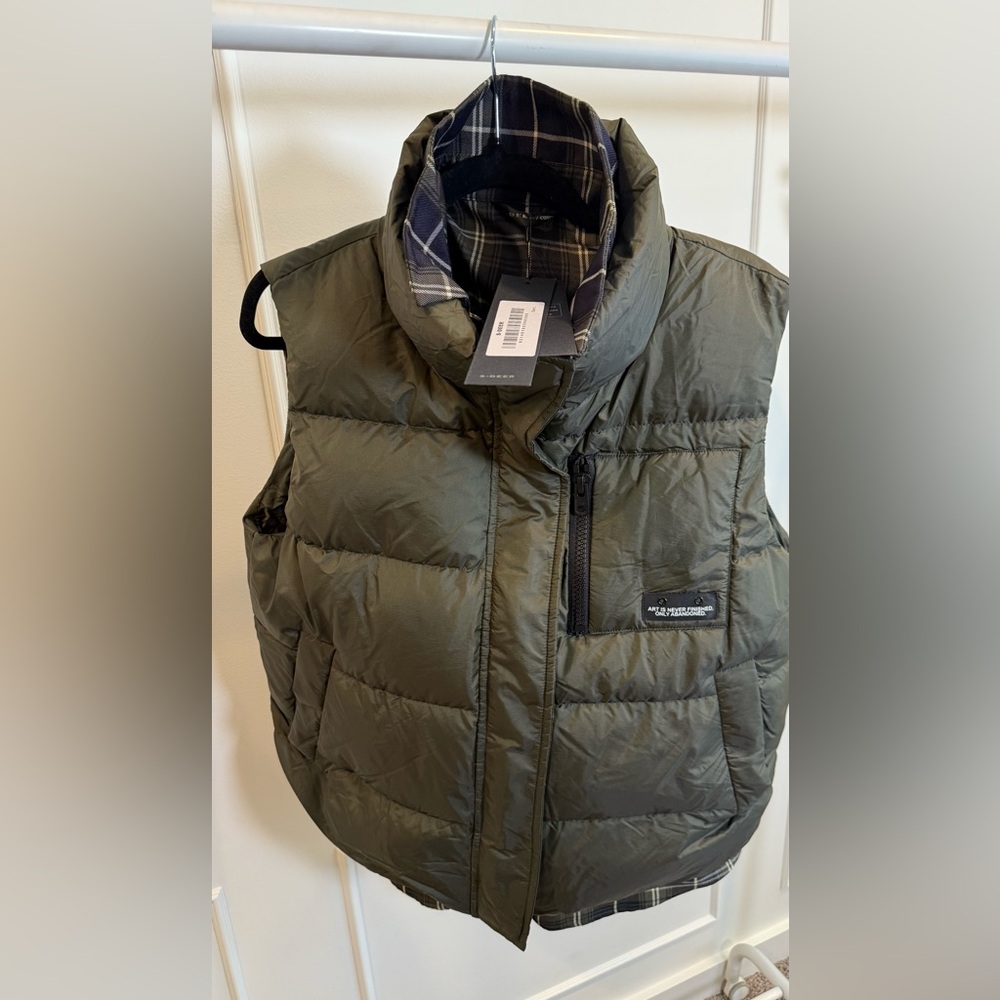 Men's Olive Green Puffer Vest - Plaid Lined Sleeveless Jacket